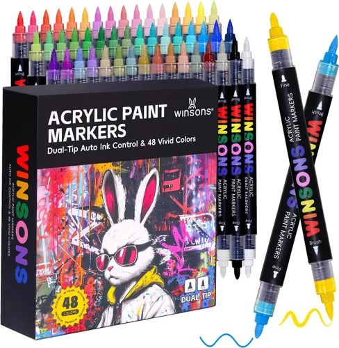 WINSONS Marcador de pintura acrílica de 48 colores, marcadores de flujo de tinta automático para dibujar, ilustrar, colorear manga, bocetos para
