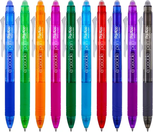 ParKoo Bolígrafos de gel retráctiles borrables, punta fina de 0.028 in, tintas de colores surtidos para escritura de dibujos, paquete de 10
