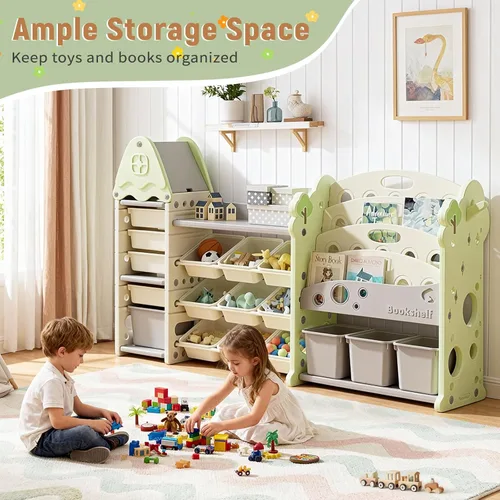 Miniatura 7 de Pipleo Organizador de almacenamiento de juguetes para niños con 17 contenedores extraíbles, estantería de 4 niveles para niños, organizador de Verde