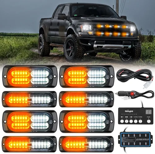 Miniatura 32 de Nilight 8 piezas de luces estroboscópicas LED 12 LED ámbar blancas, luz de emergencia 12 V 24 V, luz de advertencia de peligro con función