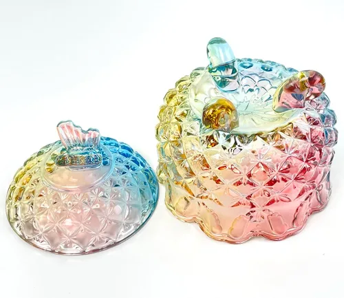 Miniatura 5 de Tarro de almacenamiento de barril de caramelo de cristal colorido tarro de almacenamiento de galletas de lujo en relieve bote de buffet con tapas
