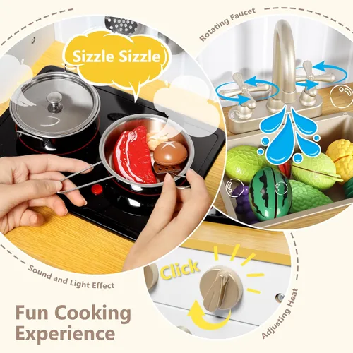 Miniatura 4 de Kinder King Cocina de madera para niños, juego de cocina para niños pequeños, juego de juguetes de cocina con sonidos reales, horno microondas