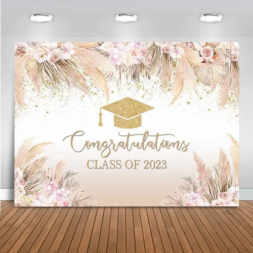Mocsicka Fondo de fiesta de graduación bohemio para clase de 2023, bohemio, elegante, rosa, flores doradas, gorra de despedida de soltero dorada,