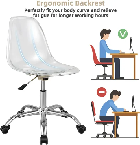 Miniatura 6 de Giantex Silla de escritorio de acrílico, silla enrollable de oficina transparente sin brazos, silla fantasma de ocio ajustable con base cromada
