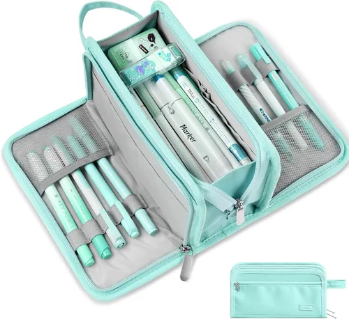 Miniatura 11 de Sooez Estuche grande para lápices, bolsa para lápices de gran capacidad con 3 compartimentos, organizador portátil de artículos de papelería de lona