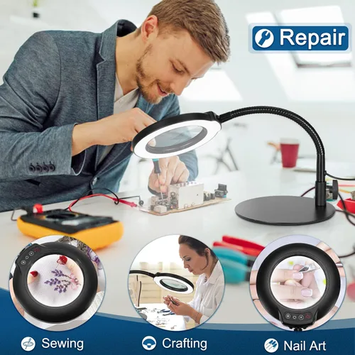 Miniatura 7 de IVMAIE - Lupa de 10 aumentos con luz, lente de vidrio real, 5 modos de color atenuables, lupa iluminada con cuello de ganso flexible con soporte