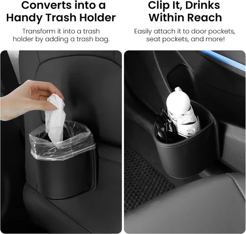 Miniatura 5 de Paquete de 2 portavasos con clip para la puerta del automóvil, organizador de asiento automotriz para bebidas extra, soporte para café, cuero