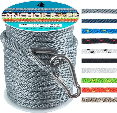 Miniatura 23 de Cuerda de anclaje de 3/8 de pulgada y 100 pies, cuerda de anclaje para barco, trenza sólida MFP, línea de anclaje con dedal de acero inoxidable 316