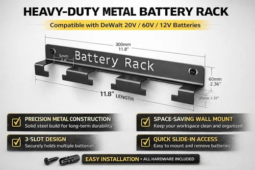 Miniatura 7 de Soporte de batería de metal compatible con DeWalt de 20 V, 60 V, 12 V, soporte de pared para batería, organizador de montaje en pared