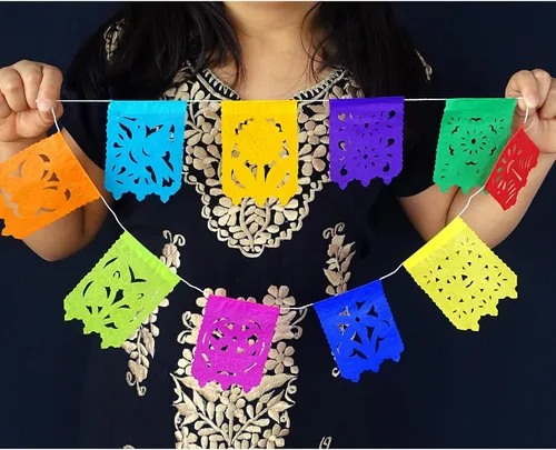 Miniatura 3 de Banderas pequeñas de papel picado, paquete de 5 unidades, decoraciones de pancarta de fiesta de 15 pies de largo, guirnalda de papel multicolor