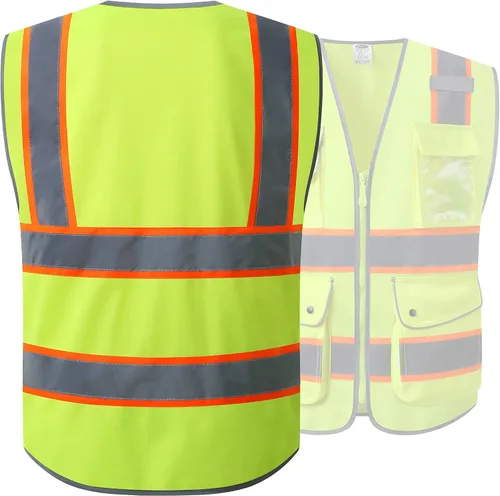 Miniatura 2 de JKSafety Chaleco de seguridad con cremallera frontal de 9 bolsillos de color amarillo neón de alta visibilidad con borde extendido naranja 2-Tiras