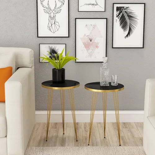 Miniatura 3 de Juego de 2 mesas auxiliares redondas de madera para sofá para espacios pequeños, mesita de noche con patas de metal para dormitorio, sala de estar
