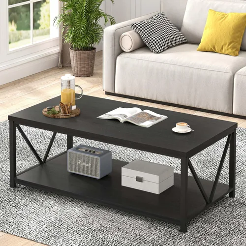 Miniatura 13 de EXCEFUR Mesa auxiliar, mesa de sala de estar de madera rústica y metal, mesa central rectangular industrial con estante de almacenamiento, 47 Gris