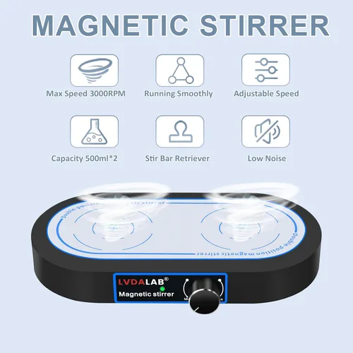Miniatura 2 de Agitador magnético de doble posición, 2 placas de agitación de laboratorio de 16.9 fl oz, 50-1500 RPM, 4 barras de agitación + 1 recuperador