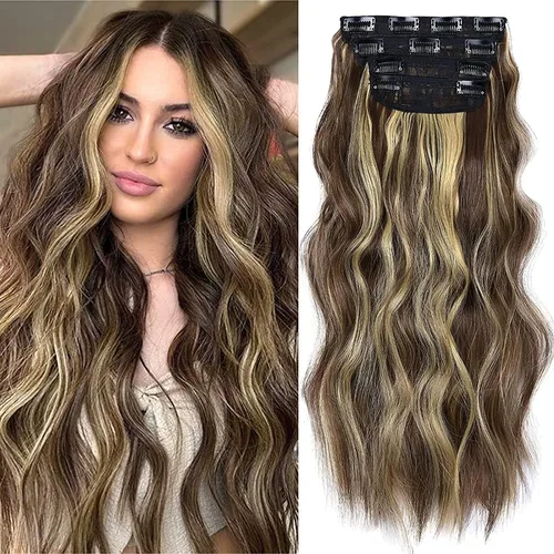Miniatura 25 de 4 extensiones de cabello sintético suave y natural para mujer, rubio miel, mezcla de castaño castaño, extensiones para mujer