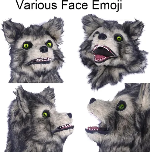 Miniatura 2 de Cosermart Máscara de lobo de zorro peludo, máscaras divertidas para perros, oso aterrador, mandíbula móvil realista, cabeza de animal de piel
