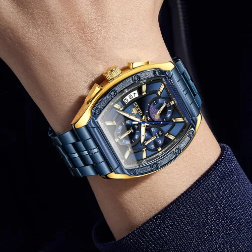 Miniatura 3 de OLEVS Relojes para Hombres Cronógrafo Impermeable Cara Rectangular Fase Lunar Correa de Acero Inoxidable Relojes de Vestir para Hombres Luminoso