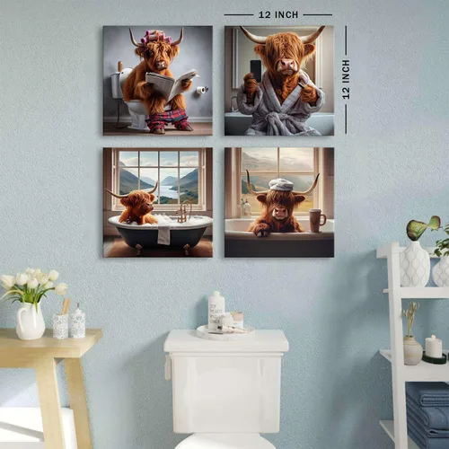 Miniatura 5 de Decoración de pared de vaca de las tierras altas de baño, arte de pared de vaca rústica, animales de cuerno largo, imágenes de bañera, impresiones
