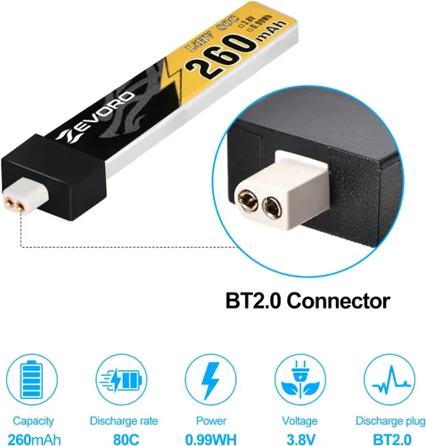 Miniatura 2 de 6pcs 260mAh 1S Lipo Batería 3.8V 80C LiHV Batería con BT2.0 Conector para FPV Tiny Whoop Drone Quadcopter