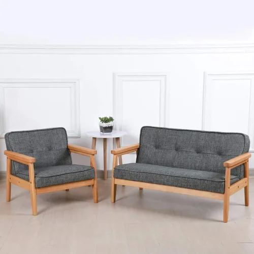 Miniatura 5 de Sofá de doble plaza para niños, sofá para niños con brazo de madera maciza y patrón de lino de PVC para el descanso de los niños (gris oscuro)