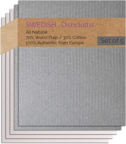 Miniatura 19 de SWEDEdishcloths - Juego de 5 paños de esponja de celulosa (1 gris, 4 naturales) suecos Combo Gnnnn