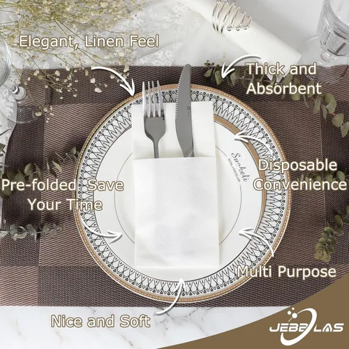 Miniatura 2 de JEBBLAS Servilletas desechables tipo tela, bolsillo integrado para cubiertos, para bodas, fiestas, lino y servilleta blanca, preplegada para Paquete