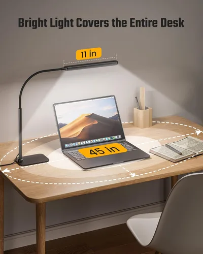 Miniatura 5 de SUPERDANNY - Lámpara de escritorio LED para el cuidado de los ojos con base de cuello de cisne flexible de 360°, lámpara de trabajo con control