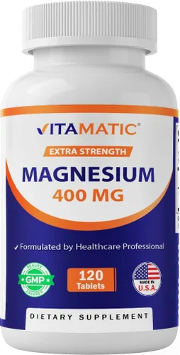 Vitamatic Extra Stregth óxido de magnesio 400 mg 120 tabletas vegetarianas - Apoya la salud muscular, nerviosa y cardíaca* - Fabricado en los