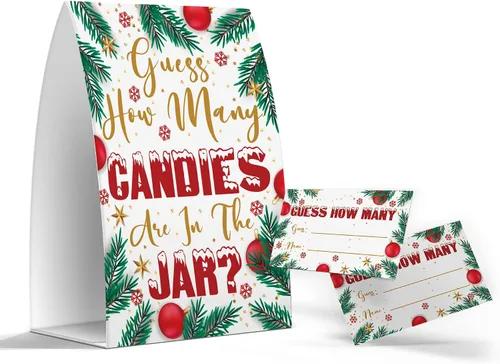 How Many - Juego de adivinanzas de caramelos, juegos de fiesta de Navidad, decoraciones de Navidad, 1 letrero y 50 tarjetas de juego, juegos de baby