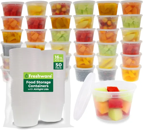 Freshware Contenedores de almacenamiento de alimentos [50 juegos] recipientes de plástico de 16 onzas con tapas, slime, sopa, recipientes de