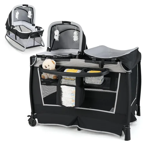 Miniatura 11 de HONEY JOY Empaca y juega con el moisés, paquete central de guardería infantil y juega con cuna y juguetes colgantes para recién nacidos, bolsa