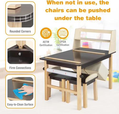Miniatura 6 de Costzon Juego de mesa y silla de arte para niños, mesa de actividades de madera y 2 taburetes con rollo de papel, 2 marcadores, 2 cubos