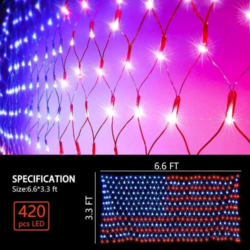 Miniatura 2 de Luces de bandera estadounidense, 420 luces LED de red de bandera de Estados Unidos, decoraciones del 4 de julio, decoración patriótica impermeable