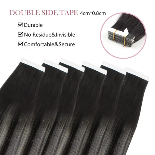 Miniatura 4 de Sixstarhair Extensiones de cabello humano con cinta adhesiva, balayage, color negro a plateado con cinta negra, 20 unidades, 1.76 onzas, extensiones