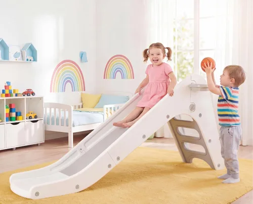 MAMIZO Juego de tobogán 3 en 1 para niños pequeños, juego de escalador de tobogán extra largo con aro de baloncesto y pelota, escalones Blanco y gris