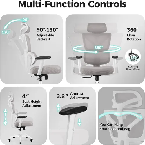 Miniatura 8 de Silla de Oficina Ergonómica de Respaldo Alto Silla de Escritorio con Soporte Lumbar, Silla de Computadora de Malla Transpirable con Reposabrazos Gris