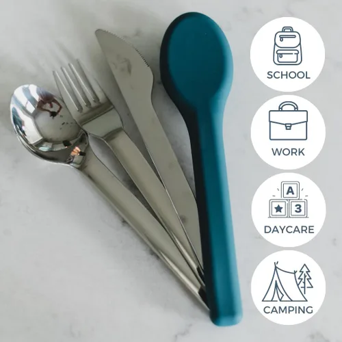 Miniatura 4 de Juego de utensilios de acero inoxidable con funda de silicona, cuchara, tenedor y cuchillo, diseño portátil para viajes, escuela, trabajo y Gris