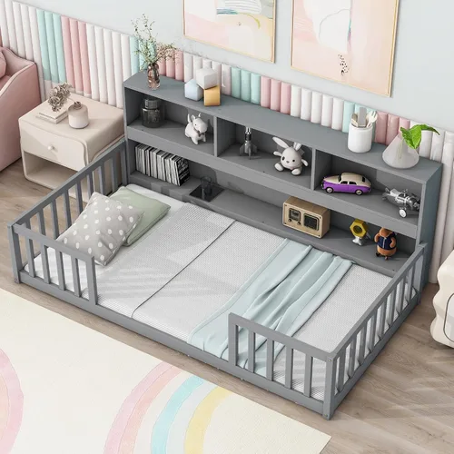 Miniatura 26 de Cama juguetona en forma de casa de tamaño matrimonial con estantes y luces, marco de cama de metal con techo para niños, adolescentes y adultos, un