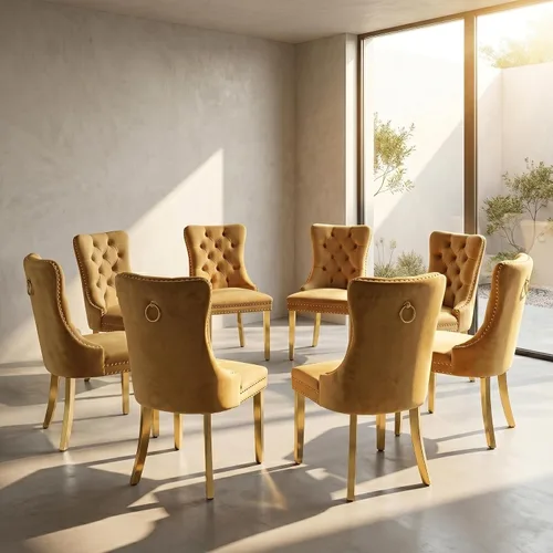 Miniatura 29 de Juego de 2 sillas de comedor de terciopelo, sillas de comedor copetudas de mediados de siglo con anillo trasero de cabeza de clavo, patas de metal
