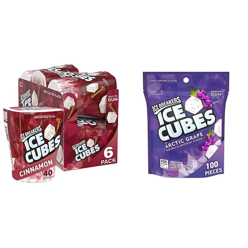 ICE BREAKERS Ice Cubes - Botellas de goma de mascar sin azúcar y canela (6 unidades, 40 piezas) y Ice Breakers Ice Cubes Arctic Grape sin azúcar