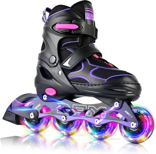 Miniatura 13 de 2PM SPORTS Patines en línea para niños y niñas, niños de 5 a 8 a 12 años, 4 a 6, 6 a 12 años, con ruedas iluminadas, cuchillas ajustables para Negro