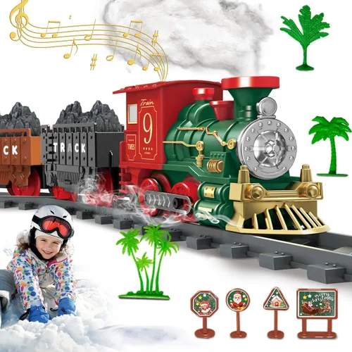 Juego de Tren Eléctrico de Juguete para Niños, Juego de Tren de Navidad con Humo y Sonido para Debajo del Árbol Navideño, Modelos de Trenes para
