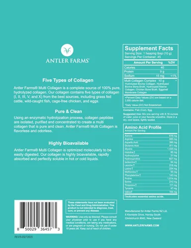 Antler Farms - Polvo de proteína de colágeno múltiple - 5 tipos (I, II, III, V y X) Péptidos de colágeno hidrolizados 100% puros para hombres y