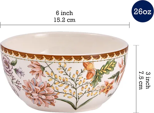 Miniatura 2 de Bico Blooming Moment Juego de 4 Tazones de Cereal, Tazones Hondos de Cerámica de 26 oz para Sopa, Cereal, Ensalada, Fideos, Cocina, Seguros