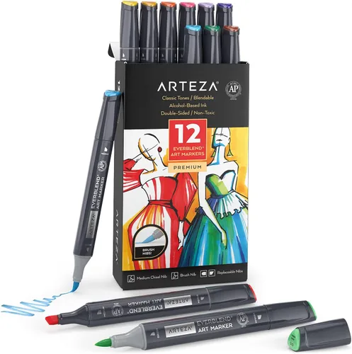 ARTEZA EverBlend - Juego de 12 marcadores de alcohol de doble punta para colorear para adultos, cincel mediano y punta de pincel