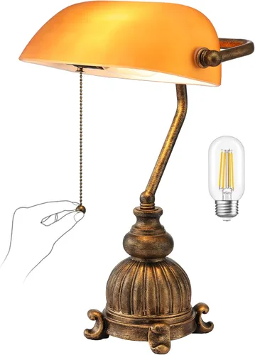 Lámpara de Escritorio de Banqueros Retro de Cristal Ámbar con Interruptor de Cadena de Tirar para Oficina en Casa, Biblioteca, Accesorio Enchufable,