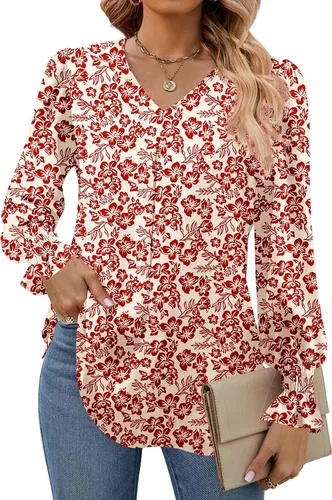 Miniatura 31 de Funlingo Blusas de mujer con mangas largas 2025, elegantes y casuales, con cuello en V, túnica suelta de gasa para el trabajo