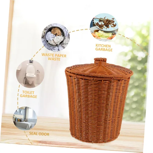 Miniatura 4 de YARNOW Cubo de basura de ratán con tapa de 9.2 x 9.2 x 11 pulgadas, cesta de plástico tejida para organización del hogar, cocina, baño, sala de estar