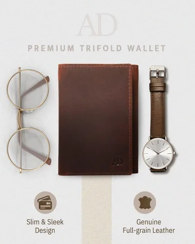 Miniatura 50 de Billetera de triple pliegue con RFID, cuero genuino, delgado, con ventana de identificación, bolsillo frontal, regalo para hombre