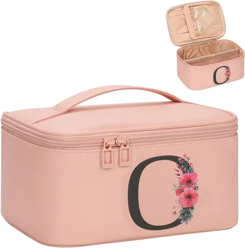 Miniatura 23 de OCHEAL Bolsa de maquillaje personalizada, bolsa de maquillaje beige para mujer, kit de aseo de viaje con monograma, organizador de cosméticos listo